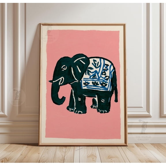 Pink Folk Art Elephant Scandinavian Animal Home Interior Decor Unframed Paper Print