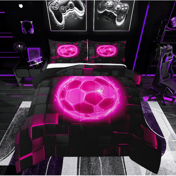 Pink Football Bedding Set,Soccer Comforter Sets Twin Size Teens Adults,3D Scattered Grids Down Comforter Bedroom Decor,Ball Game Bed Set
