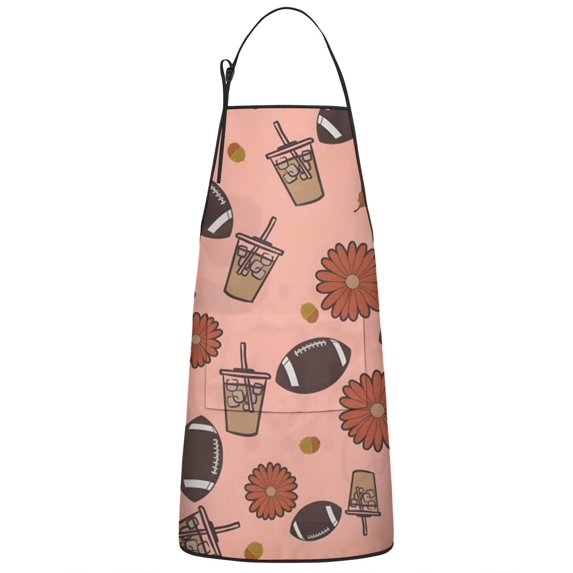 Pink Football and Drinks Pattern Apron-Garden Aprons for Women with Pockets-Cotton Linen Waterproof Kitchen Cooking Gardening Aprons Adjustable for Kitchen,Cooking,BBQ and Salon 33x27 Inch
