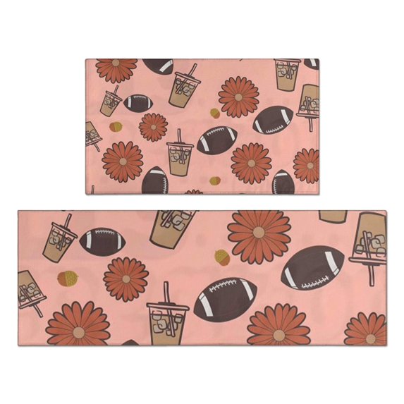 Pink Football and Drinks Pattern Kitchen Rugs Sets Of 2,Anti Fatigue Kitchen Mat Rugs Non Slip Washable,Decorative Kitchen Floor Mats for Kitchen,Sink,Laundry,17"x30"+17"x47"