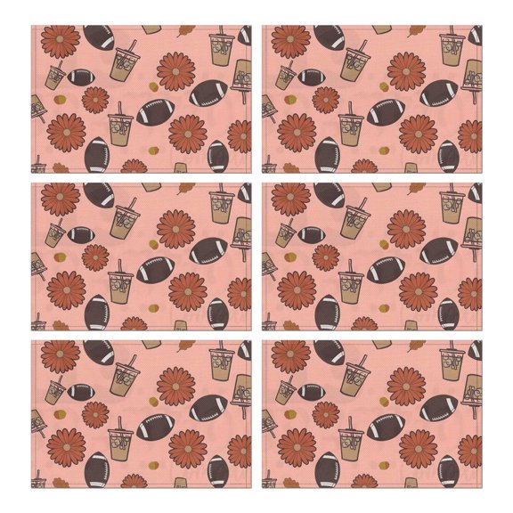 Pink Football and Drinks Pattern Summer Placemats Table Placemats Set Of 6-Linen Kitchen Washable Placemats Table Mats 11.8"x17.7"Non-Slip Heat Resistant
