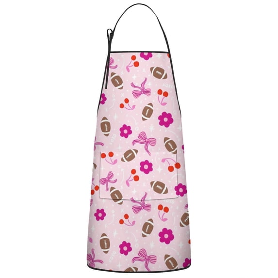 Pink Football and Flowers Pattern Apron-Garden Aprons for Women with Pockets-Cotton Linen Waterproof Kitchen Cooking Gardening Aprons Adjustable for Kitchen,Cooking,BBQ and Salon 33x27 Inch