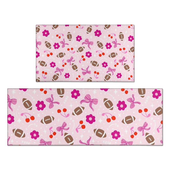 Pink Football and Flowers Pattern Kitchen Rugs Sets Of 2,Anti Fatigue Kitchen Mat Rugs Non Slip Washable,Decorative Kitchen Floor Mats for Kitchen,Sink,Laundry,17"x30"+17"x47"