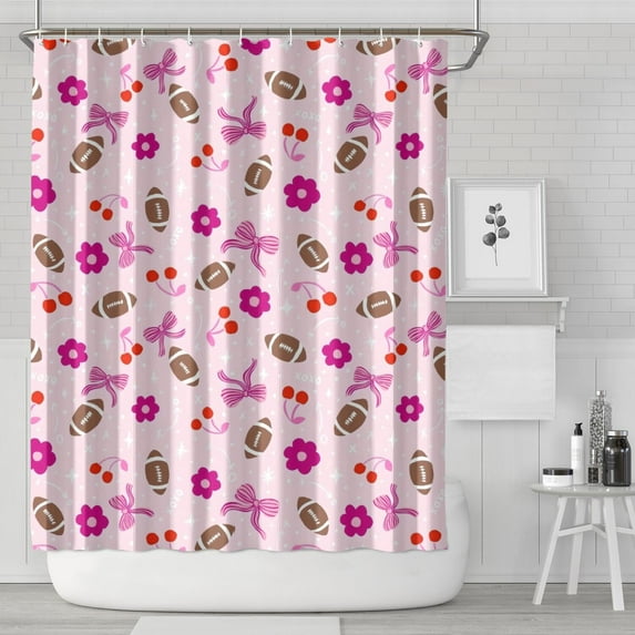 Pink Football and Flowers Pattern Shower Curtain 72"x84" ,Bathroom Decorative Shower Curtains Set with 12 Hooks,Modern Waterproof Washable Shower Curtain
