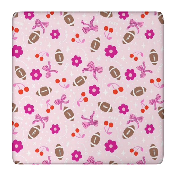Pink Football and Flowers Pattern Square Fitted Tablecloth with Elastic Edge,Square Table Cover,Washable Elastic Table Cover for Home Kitchen Party Decor 36"x36"