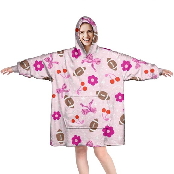 Pink Football and Flowers Pattern Wearable Oversized Blanket,Wearable Blanket Hoodie for Adults,Cozy Hooded Blankets with Super Pockets,Super Warm Fuzzy Pullover for Women & Men