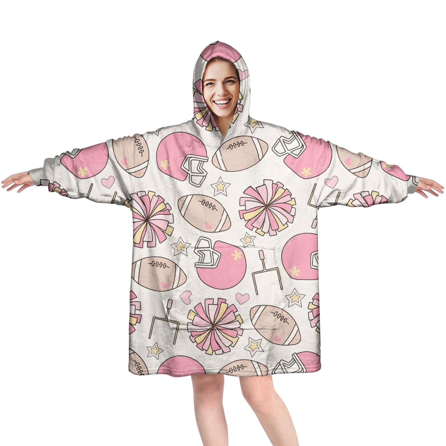Pink Football Wearable Oversized Blanket,Wearable Blanket Hoodie for Adults,Cozy Hooded Blankets with Super Pockets,Super Warm Fuzzy Pullover for Women & Men