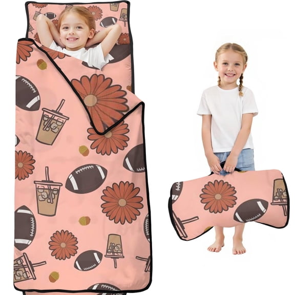 Pink Football and Drinks Pattern Toddler Nap Mats for Kids Preschool,Sleeping Mat Bag or Kids,Toddler Sleeping Bag,Toddler Nap Mat or Daycare