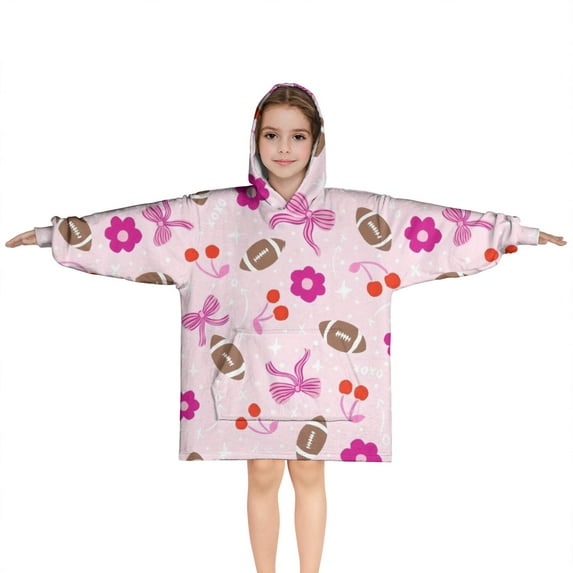 Pink Football and Flowers Pattern Blanket Hoodies for Kids 6-13YR Oversize Wearable Blanket Hoodies for Boys Girls Teens