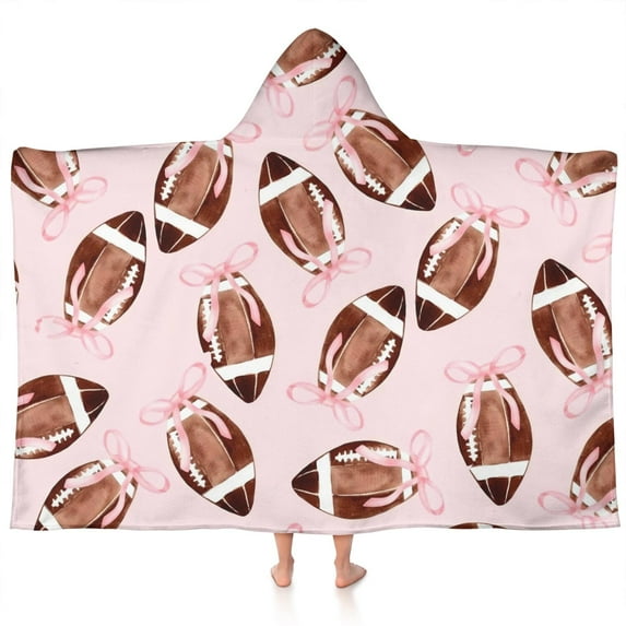 Pink Footballs with Bows Pattern Hooded Bath Towel,60"x35" for Ages 3 To 12 Kids, Quick Dry Lightweight Soft Microfiber Hood Beach Towel Cover Up for Kids