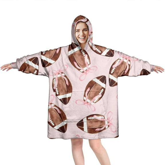 Pink Footballs with Bows Pattern Wearable Oversized Blanket,Wearable Blanket Hoodie for Adults,Cozy Hooded Blankets with Super Pockets,Super Warm Fuzzy Pullover for Women & Men