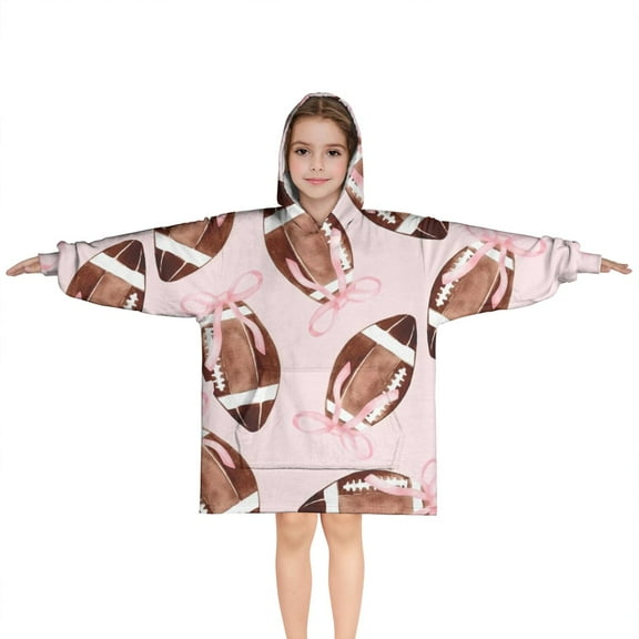 Pink Footballs with Bows Pattern Blanket Hoodies for Kids 6-13YR Oversize Wearable Blanket Hoodies for Boys Girls Teens