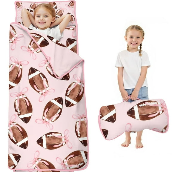 Pink Footballs with Bows Pattern Toddler Nap Mats for Kids Preschool,Sleeping Mat Bag or Kids,Toddler Sleeping Bag,Toddler Nap Mat or Daycare