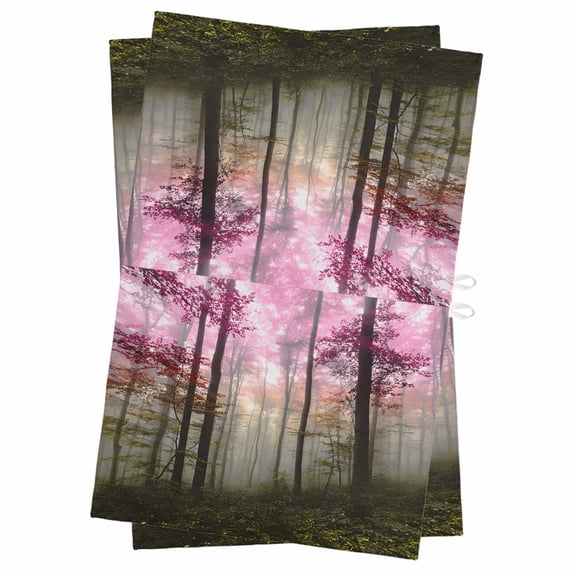 Pink Forest Kitchen Towels Set of 2, Water Absorbent Dish Towel, Vintage Foggy Woods Tree Decorative Hand Towels - Quick Drying Cloth for Cooking Baking, 18x28 Inch