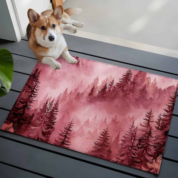 Pink Forest Mountain Front Door Rugs 2x3 ft Retro Watercolor Gradual Foggy Pine Tree Small Rug for Entryway Non Slip Washable Bathroom Door Mat Absorbent Floor Mat for Indoor Entrance