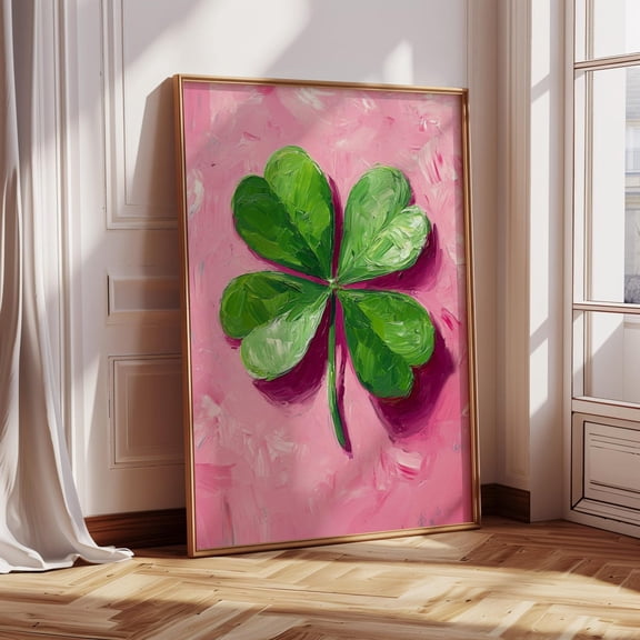 Pink Four Leaf Clover poster, Trendy Lucky Dorm Decor Unframed Paper Print