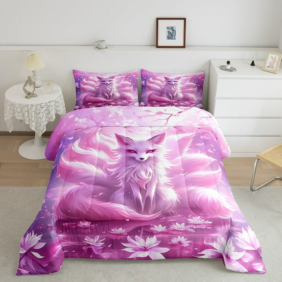 Pink Fox Comforter Set Full Size,Japanese Cherry Blossoms Pink Bedding Sets 3Pcs,Fantasy Lotus Floral Quilt Set Romantic Animals Plants Duvet Insert Woman Adult Room Decor