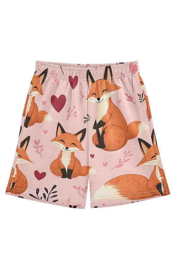 Pink Fox Love Pattern Athletic Shorts Breathable with Comfort Fit Drawstring Casual Sweatshorts Small