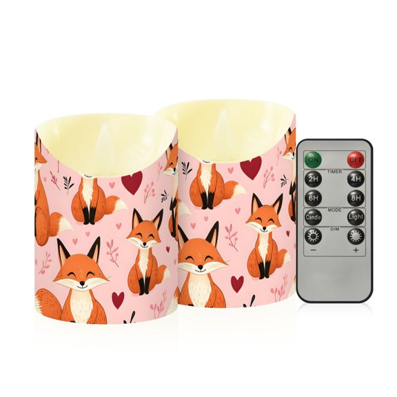 Pink Fox Love Pattern Flameless Candles 2 PCS with Remote Realistic Moving Flame LED Tapered Pillar Set for Home Decor