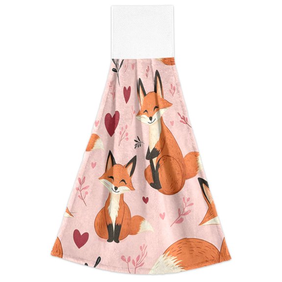 Pink Fox Love Pattern Hand Towels 2 Pack Quick Dry Velvet Soft with Velcro Kitchen Bath 14x18in