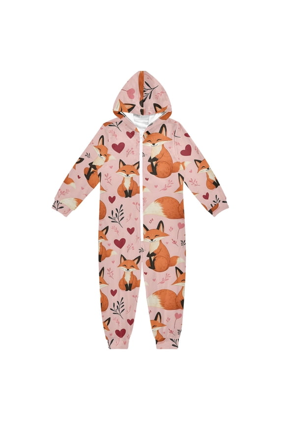 Pink Fox Love Pattern One Piece Pajamas Soft Jumpsuit Cozy Sleep and Play Romper Zipper and Pockets 4T