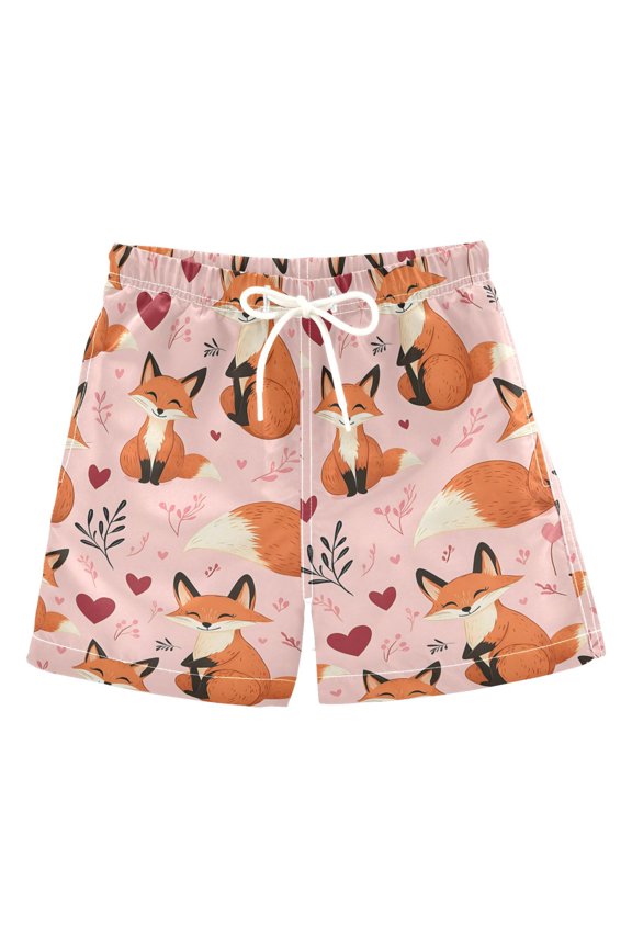 Pink Fox Love Pattern Swim Trunks Quick Dry Beach Pool Board Shorts Lightweight Stylish Print Sizes 2T to XL