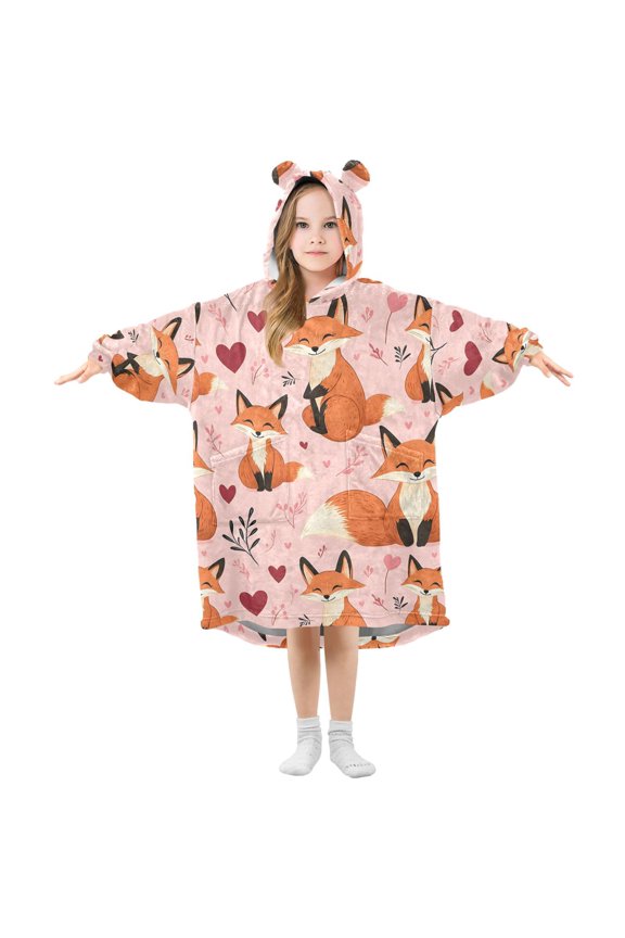 Pink Fox Love Pattern Wearable Blanket Hoodie Oversized Flannel Soft Warm Cozy 3-14 Age Small
