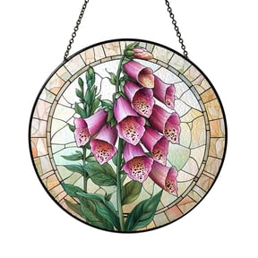 Pink Foxglove Floral Glass Suncatcher Round Window Hanging Decorative Nature Gift