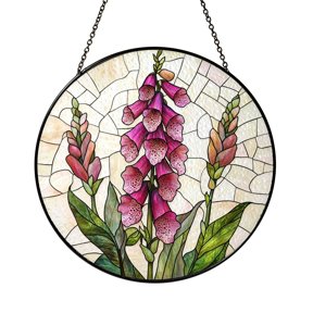 Pink Foxglove Flower Glass Suncatcher Window Hanging, Botanical Floral Decor, Nature Inspired Round Window Ornament