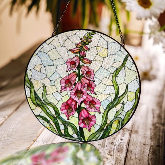 Pink Foxglove Flowers Glass Window Hanging Round Suncatcher For Mom Garden Lover Gift, Suncatcher Window Hanging, 3.5 in