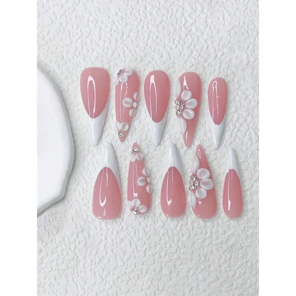 Pink French Almond Press-On Nails With 3D Flowers And Rhinestones, 10