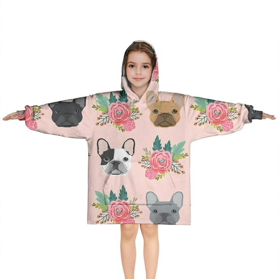 Pink French Bulldog Flowers Florals Blanket Hoodies for Kids 6-13YR Oversize Wearable Blanket Hoodies for Boys Girls Teens