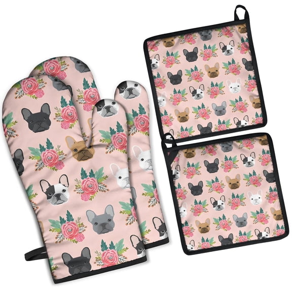 Pink French Bulldog Flowers Florals Kitchen Oven Mitt and Pot Holder Sets 4 Pcs for Baking, Cooking and Grilling, Heat Resistant Up To 392 °F