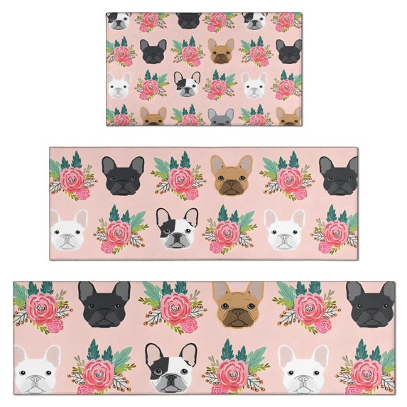 Pink French Bulldog Flowers Florals Kitchen Rugs Sets Of 3,Kitchen Runner Rugs Non Skid Washable,Decorative Kitchen Floor Mats for Kitchen,Sink,Laundry,17"x30"+ 17"x47" + 17"x59"