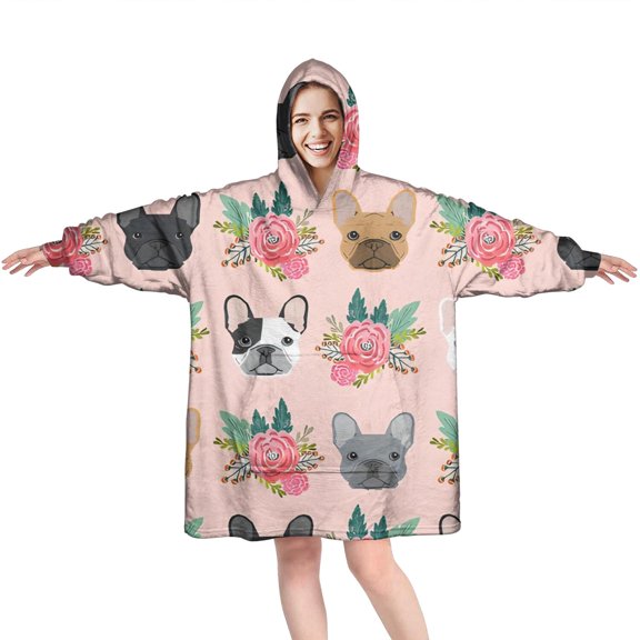 Pink French Bulldog Flowers Florals Wearable Oversized Blanket,Wearable Blanket Hoodie for Adults,Cozy Hooded Blankets with Super Pockets,Super Warm Fuzzy Pullover for Women & Men