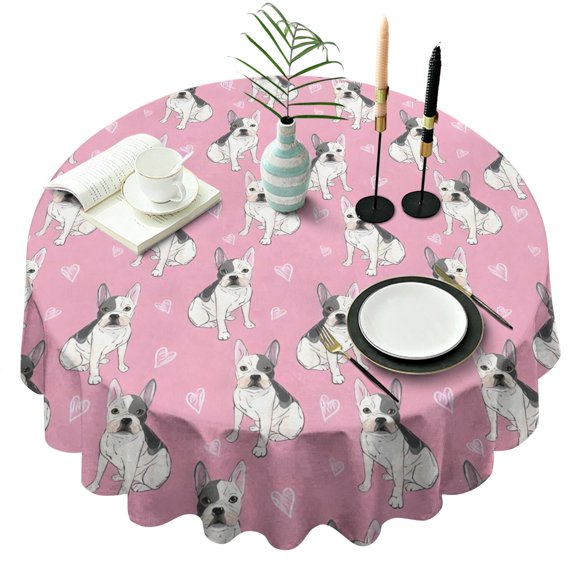 Pink French Bulldog Love Heart Round Tablecloth 60"x60",Wrinkle Wipeable Table Cloth for Kitchen Dining Room Picnic Patio Party