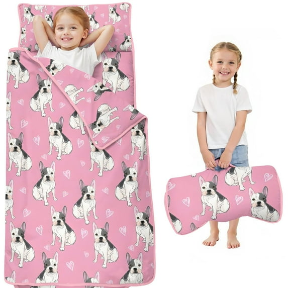 Pink French Bulldog Love Heart Toddler Nap Mats for Kids Preschool,Sleeping Mat Bag or Kids,Toddler Sleeping Bag,Toddler Nap Mat or Daycare