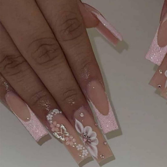 Pink French Press on Nails Long 3D Butterfly Fake Nails Coffin Bling Glossy Rhinestone False Nail Tips Artificial Nails Finger Manicure for Women and Girls,24pcs Pink, White, Nude Large
