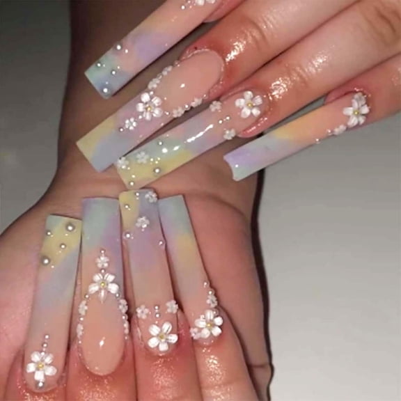 Pink French Tip Nails: 3D Wave Textured, Rhinestone Star Design, Glossy Nude Coffin shape Nails for Women - Long Square, Acrylic, Full Coverage False Nails, Stick on, Press on, Glue on nails eleven 1