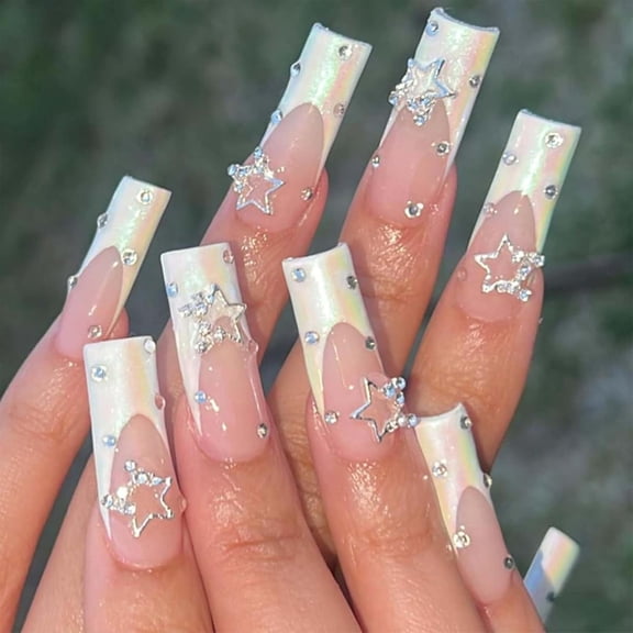 Pink French Tip Nails: 3D Wave Textured, Rhinestone Star Design, Glossy Nude Coffin shape Nails for Women - Long Square, Acrylic, Full Coverage False Nails, Stick on, Press on, Glue on nails ten 1 Fl