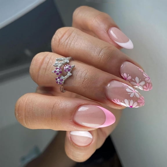 Pink French Tips Press on Nails Short Medium Almond Fake Nails Summer Flower Stiletto Glue on Nails Cute Spring Floral Acrylic False Nails White Full Cover Glossy Stick on Nails for Women Girls 24Pcs