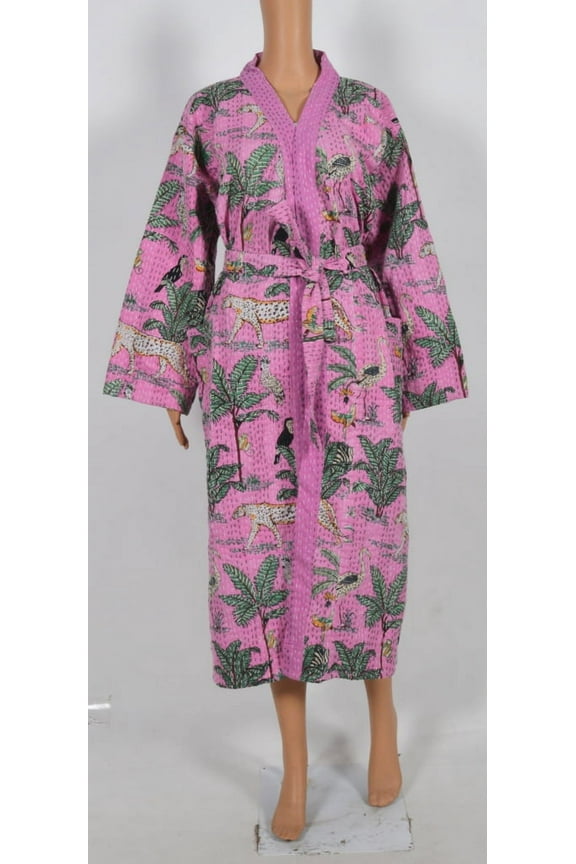 Pink Frida khalo kantha jacket, Indian handmade japanese kimono style kantha robe, Winter jacket, Pink colored tie belt coat