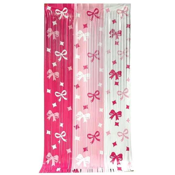 Pink Fringe Backdrop for Bow Tinsel Foil Curtains for Wedding and Birthday Decorations 3 Pack