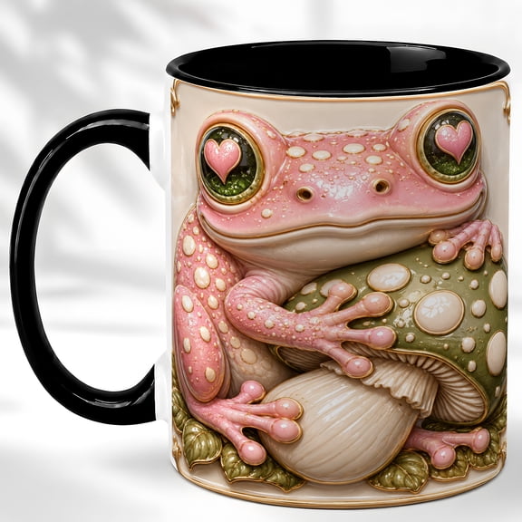 Pink Frog Coffee Mug, Forest Mushroom Mug, Ceramic 11 oz