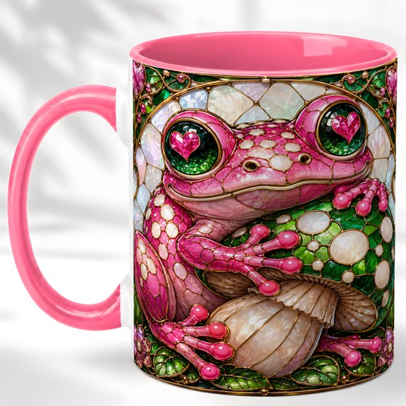 Pink Frog Coffee Mug, Stained Glass Frog Mug, Ceramic 11 oz