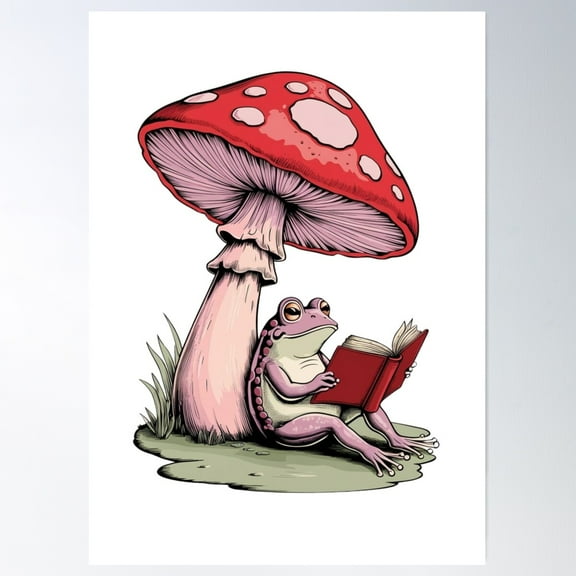 Pink Frog Reading Under A Mushroom, Nice Cottagecore Aesthetic Poster Wall Art, Modern Wall Decor For Living Room Bedroom, 8x12 UNFRAMED