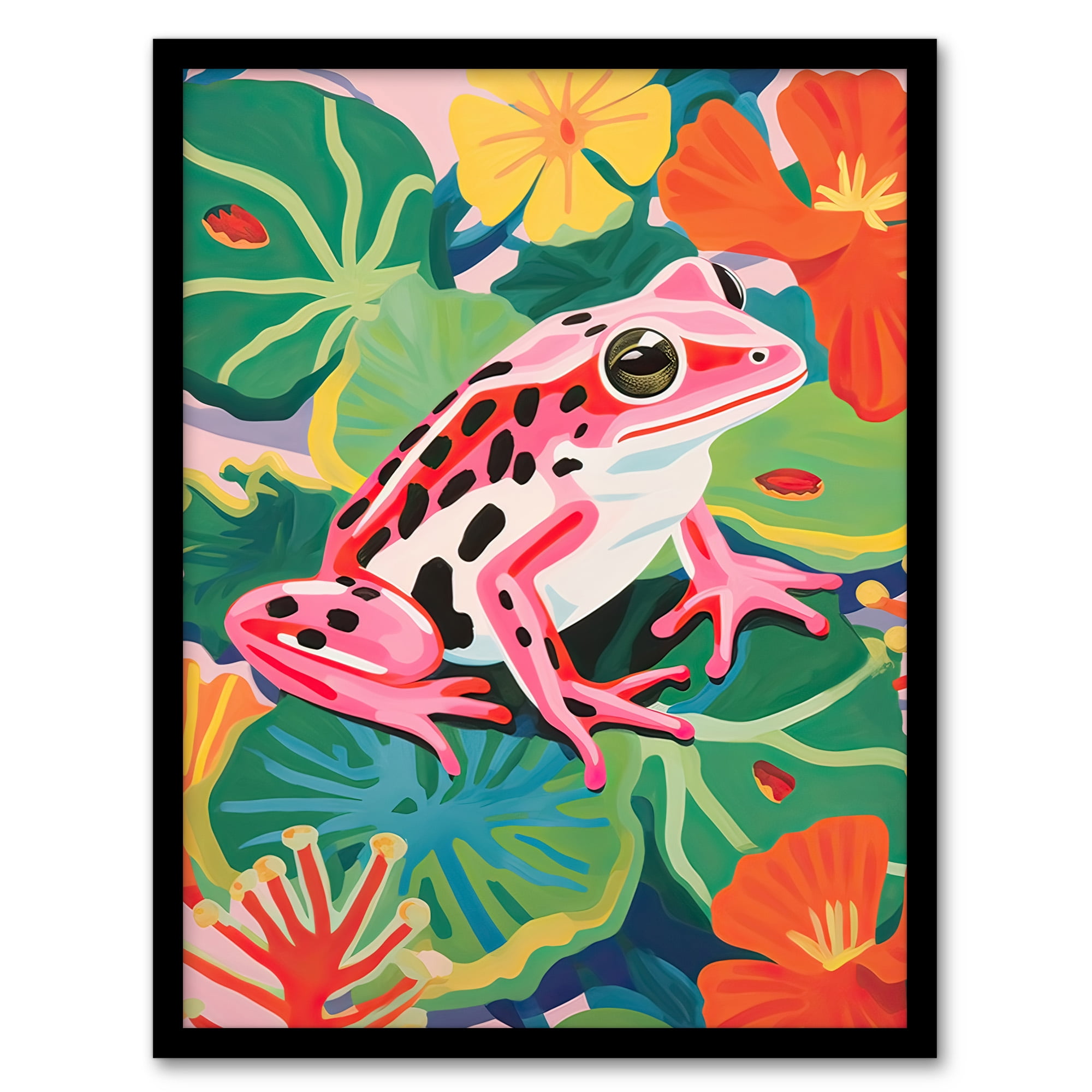 Pink Frog on Lily Pads Vibrant Oil Painting Pond with Amphibian