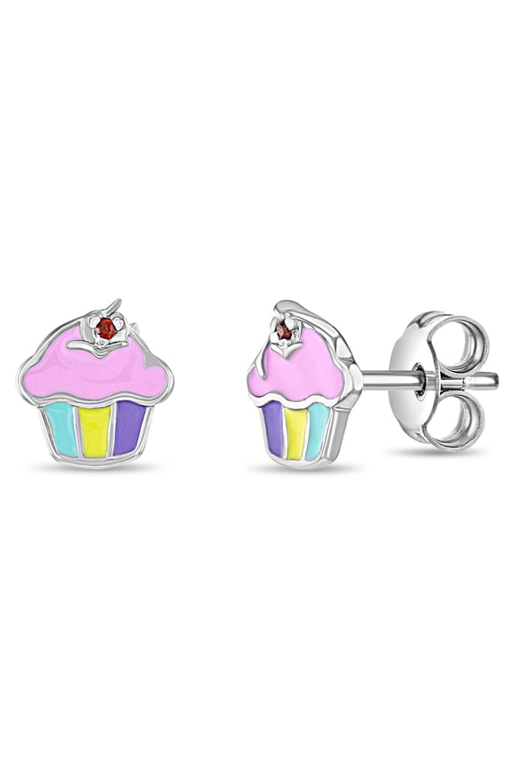 Pink Frosted Cupcake Kids / Children's / Girls Earrings Enamel - Sterling Silver