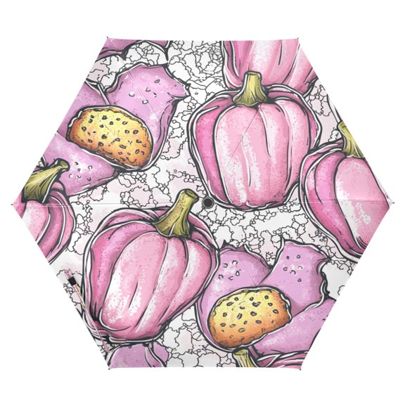 Pink Fruit Pattern Folding Umbrella UV50+ Waterproof Sun Protection Auto Open Close Compact Fiberglass Frame