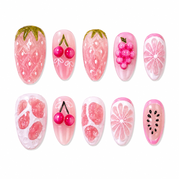 Pink Fruit Press on Nails, Medium Almond Glossy False Nails with Raised Cherry Floral Detail, 30 Count